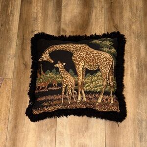 Ashford Court vintage giraffe tapestry throw pillow black fringe 16" x 16"